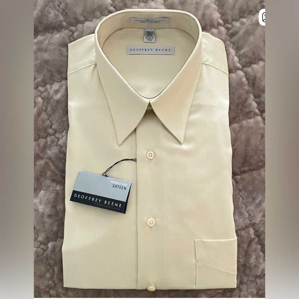 Brand New Wrinkle Free Sateen Geoffrey Beene Men's Beige Dress Shirt